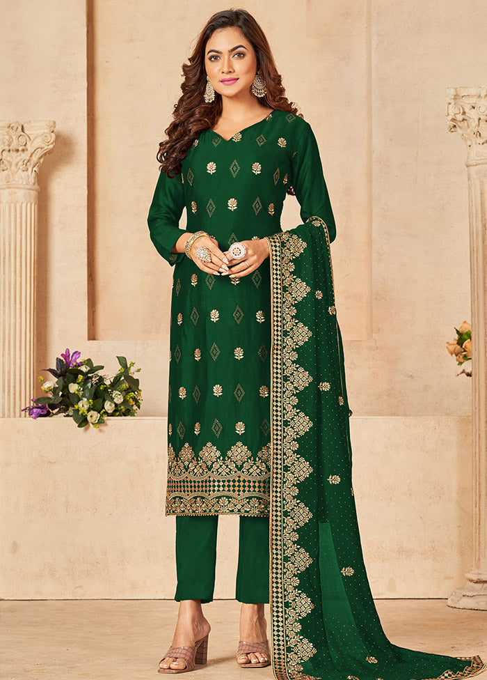 3 Pc Dark Green Semi Stitched Silk Suit Set VDSOT16062069 - Indian Silk House Agencies