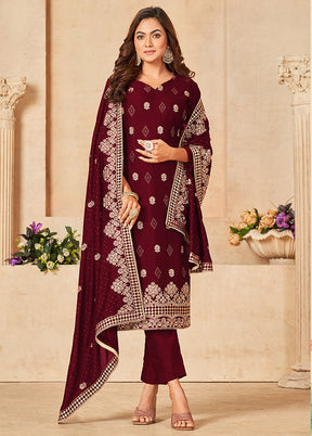 3 Pc Maroon Semi Stitched Silk Suit Set VDSOT16062070 - Indian Silk House Agencies