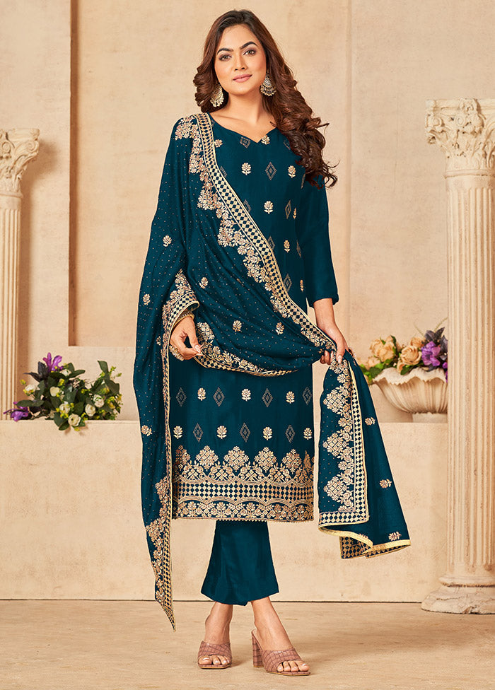3 Pc Dark Blue Semi Stitched Silk Suit Set VDSOT16062071 - Indian Silk House Agencies