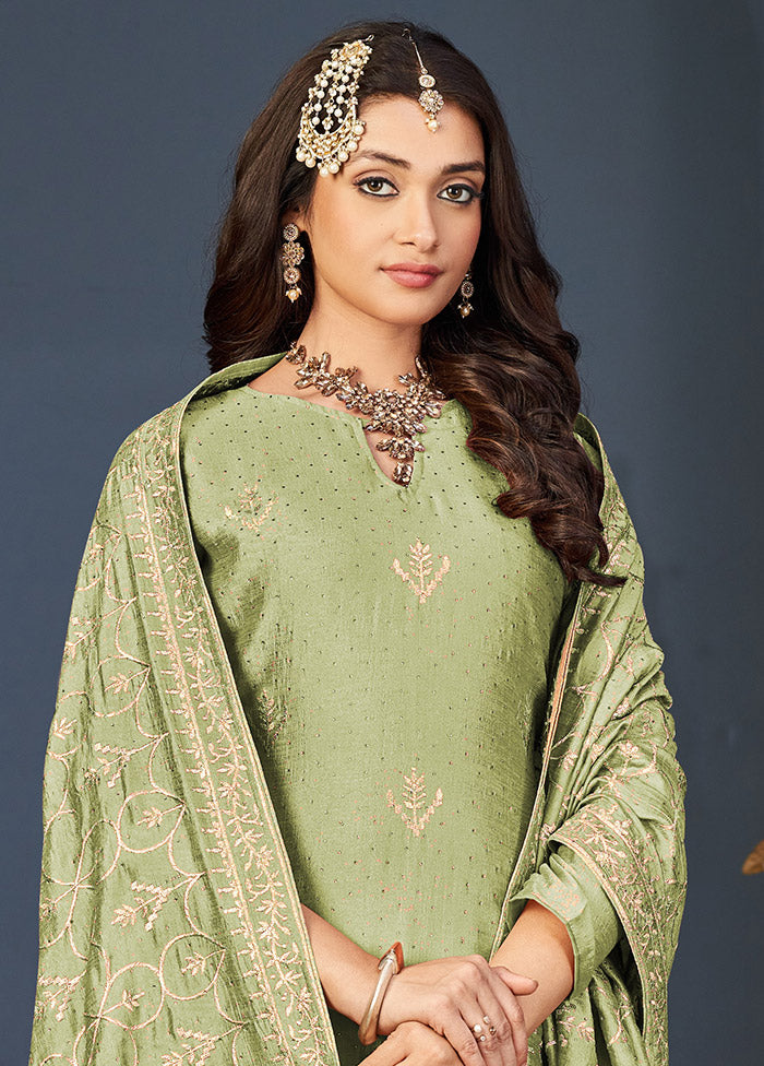 3 Pc Green Semi Stitched Silk Suit Set VDSOT16062042 - Indian Silk House Agencies