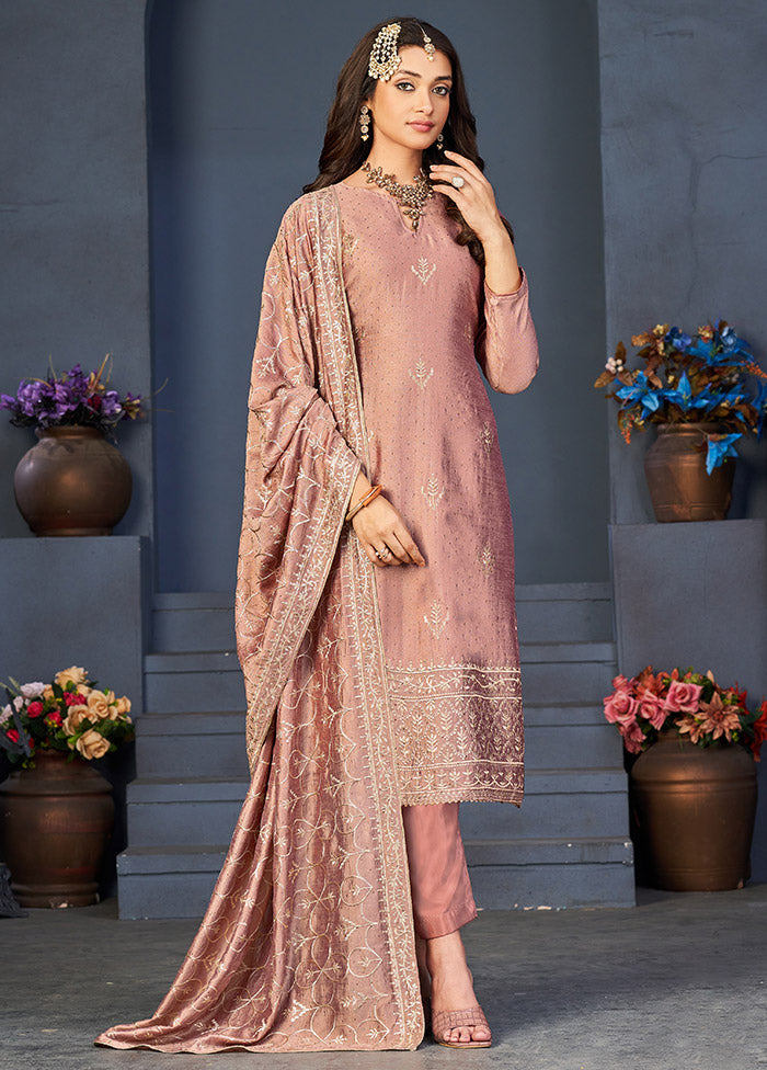 3 Pc Peach Semi Stitched Silk Suit Set VDSOT16062044 - Indian Silk House Agencies