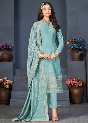 3 Pc Sky Blue Semi Stitched Silk Suit Set VDSOT16062045 - Indian Silk House Agencies