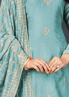 3 Pc Sky Blue Semi Stitched Silk Suit Set VDSOT16062045 - Indian Silk House Agencies