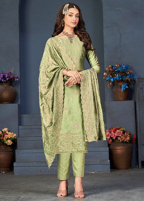 3 Pc Green Semi Stitched Silk Suit Set VDSOT16062046 - Indian Silk House Agencies