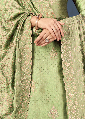 3 Pc Green Semi Stitched Silk Suit Set VDSOT16062046 - Indian Silk House Agencies