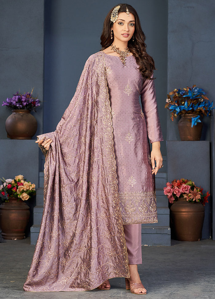 3 Pc Lavender Semi Stitched Silk Suit Set VDSOT16062047 - Indian Silk House Agencies
