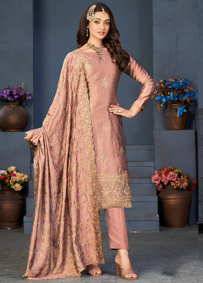 3 Pc Peach Semi Stitched Silk Suit Set VDSOT16062048 - Indian Silk House Agencies