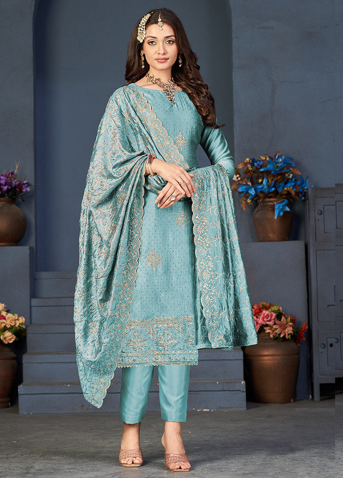 3 Pc Green Semi Stitched Silk Suit Set VDSOT16062049 - Indian Silk House Agencies