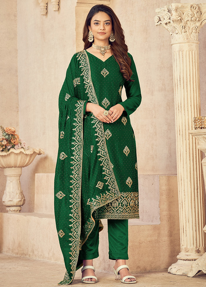 3 Pc Dark Green Semi Stitched Silk Suit Set VDSOT16062050 - Indian Silk House Agencies
