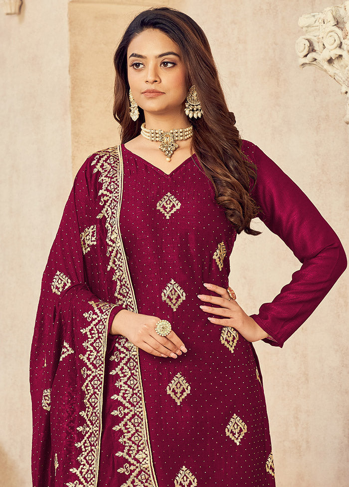3 Pc Dark Pink Semi Stitched Silk Suit Set VDSOT16062051 - Indian Silk House Agencies