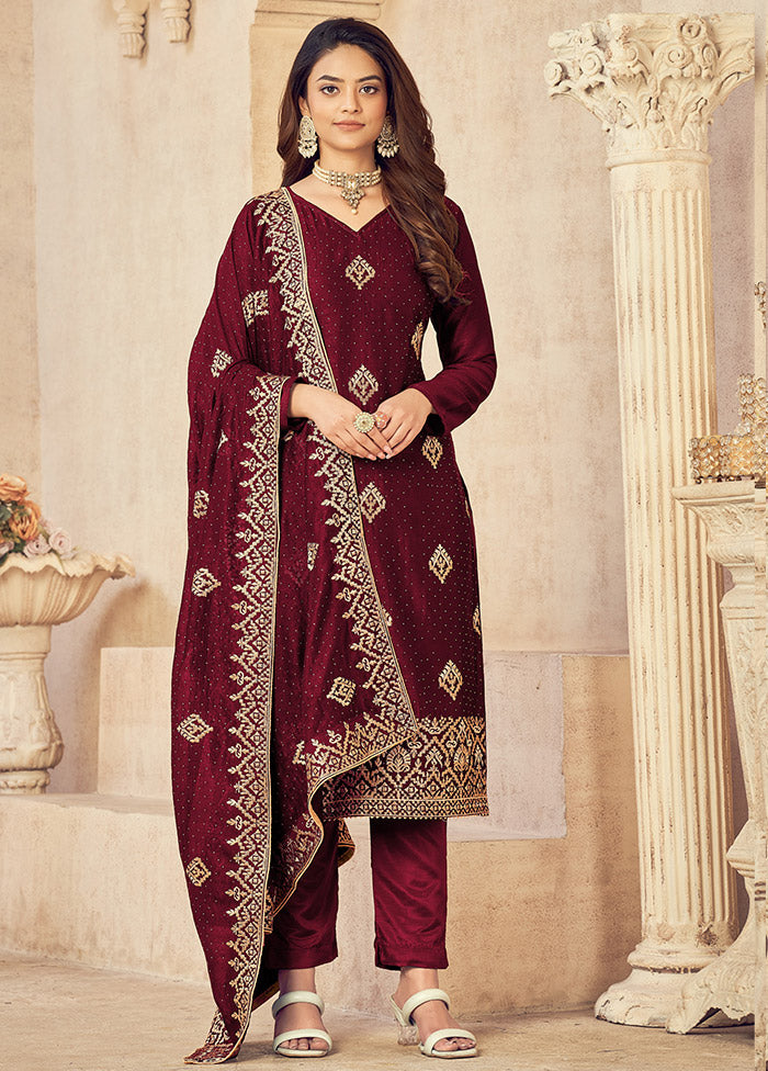 3 Pc Maroon Semi Stitched Silk Suit Set VDSOT16062052 - Indian Silk House Agencies
