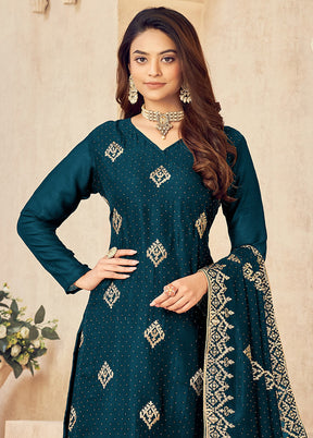 3 Pc Dark Blue Semi Stitched Silk Suit Set VDSOT16062053 - Indian Silk House Agencies
