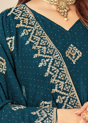 3 Pc Dark Blue Semi Stitched Silk Suit Set VDSOT16062053 - Indian Silk House Agencies