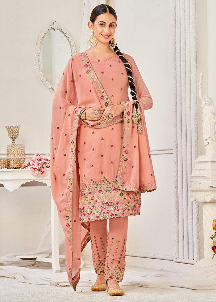 3 Pc Peach Semi Stitched Georgette Suit Set VDSOT16062054 - Indian Silk House Agencies
