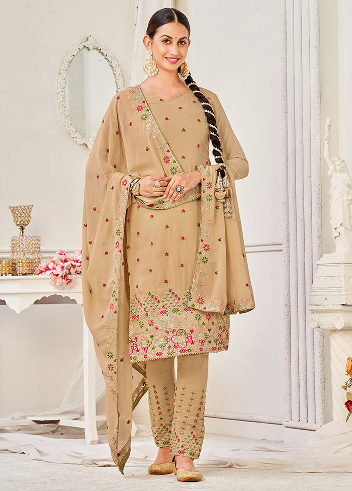 3 Pc Beige Semi Stitched Georgette Suit Set VDSOT16062057 - Indian Silk House Agencies