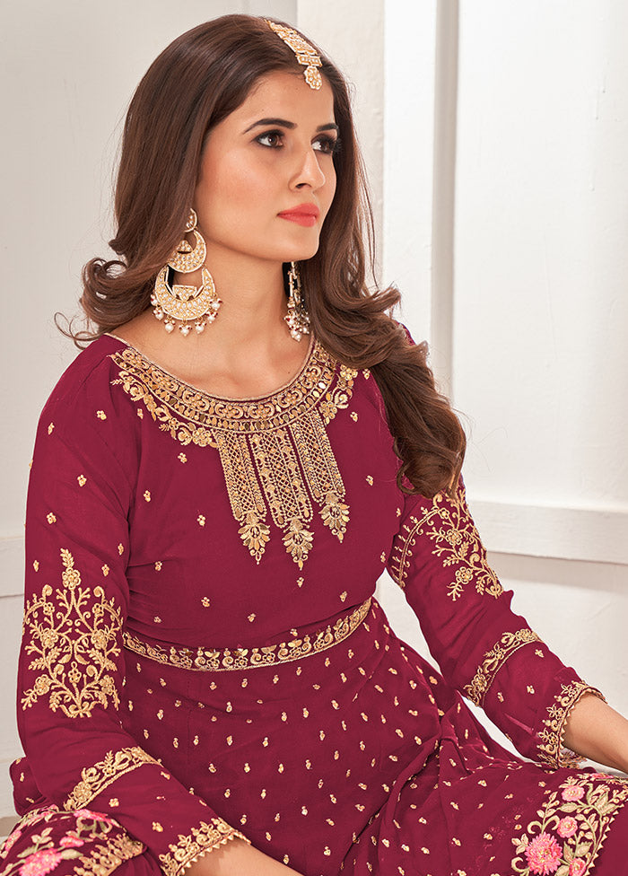 3 Pc Dark Pink Semi Stitched Georgette Sharara Suit Set VDSOT16062062 - Indian Silk House Agencies