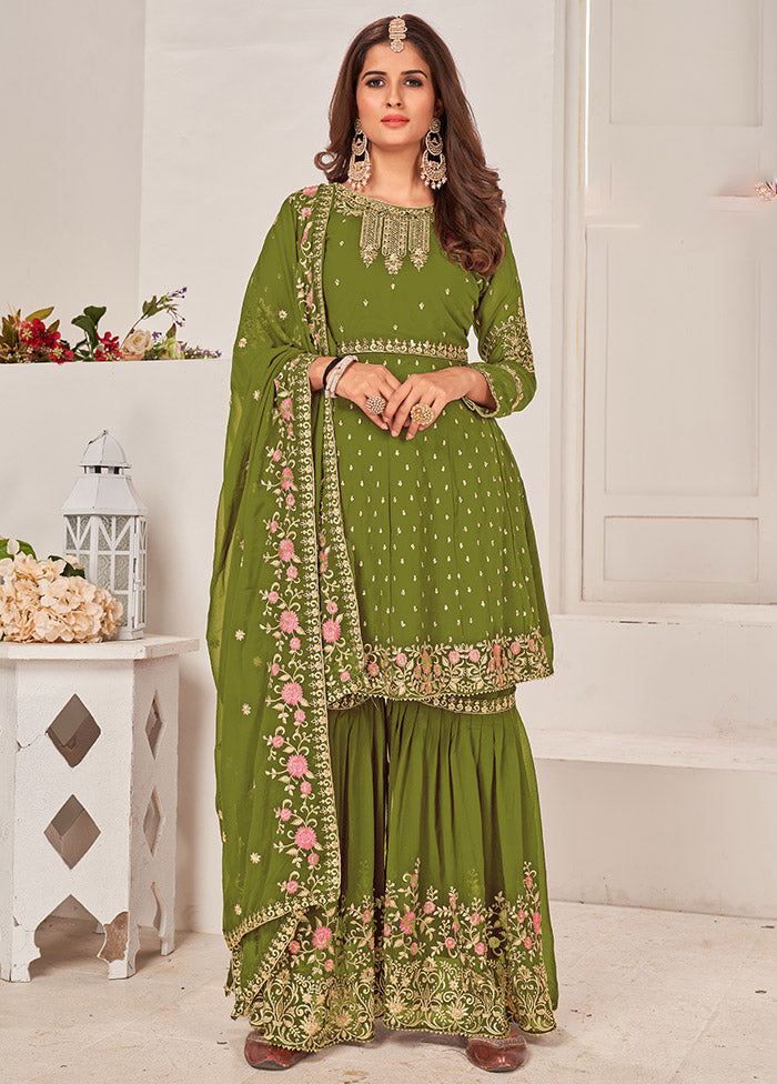 3 Pc Dark Green Semi Stitched Georgette Sharara Suit Set VDSOT16062063 - Indian Silk House Agencies