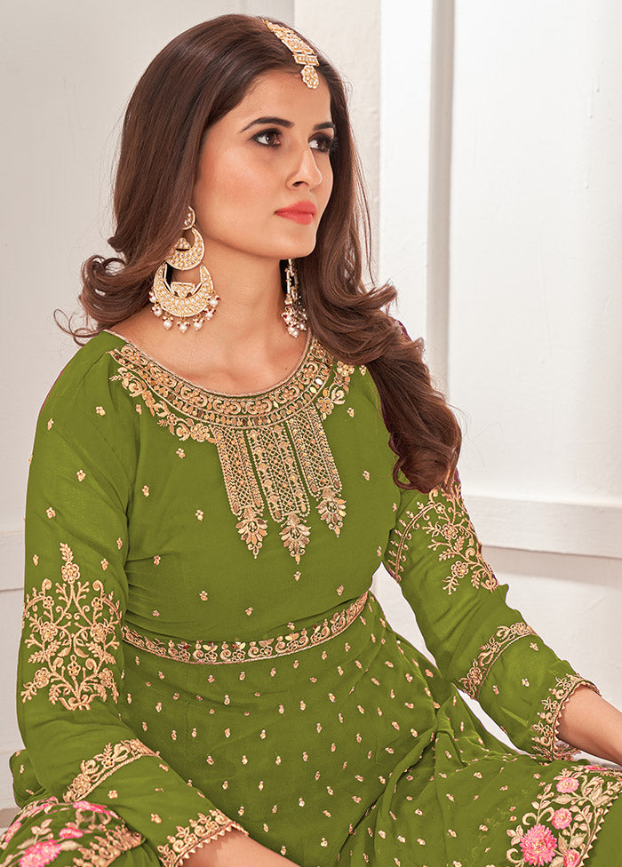 3 Pc Dark Green Semi Stitched Georgette Sharara Suit Set VDSOT16062063 - Indian Silk House Agencies