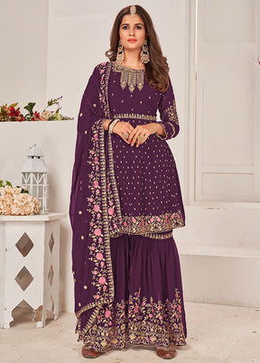 3 Pc Purple Semi Stitched Georgette Sharara Suit Set VDSOT16062064 - Indian Silk House Agencies