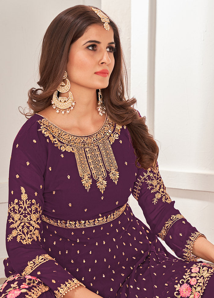 3 Pc Purple Semi Stitched Georgette Sharara Suit Set VDSOT16062064 - Indian Silk House Agencies