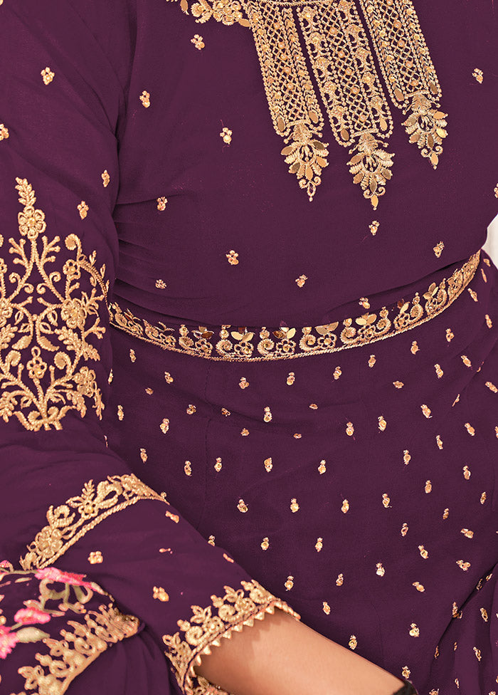 3 Pc Purple Semi Stitched Georgette Sharara Suit Set VDSOT16062064 - Indian Silk House Agencies