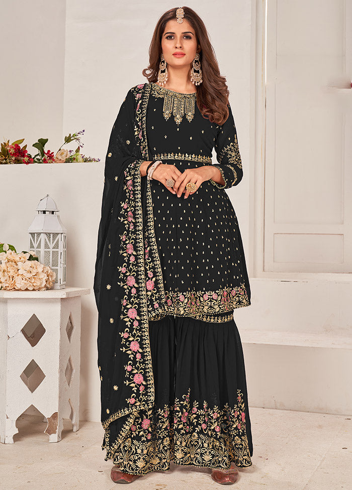 3 Pc Black Semi Stitched Georgette Sharara Suit Set VDSOT16062065 - Indian Silk House Agencies
