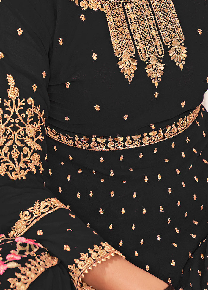 3 Pc Black Semi Stitched Georgette Sharara Suit Set VDSOT16062065 - Indian Silk House Agencies