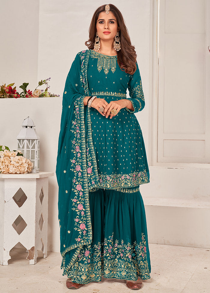 3 Pc Sky Blue Semi Stitched Georgette Sharara Suit Set VDSOT16062066 - Indian Silk House Agencies