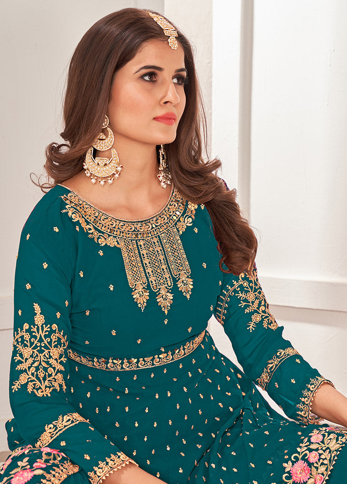 3 Pc Sky Blue Semi Stitched Georgette Sharara Suit Set VDSOT16062066 - Indian Silk House Agencies