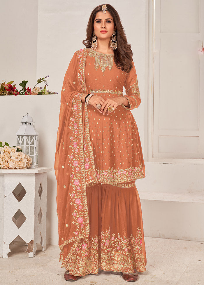 3 Pc Cream Semi Stitched Georgette Sharara Suit Set VDSOT16062067 - Indian Silk House Agencies