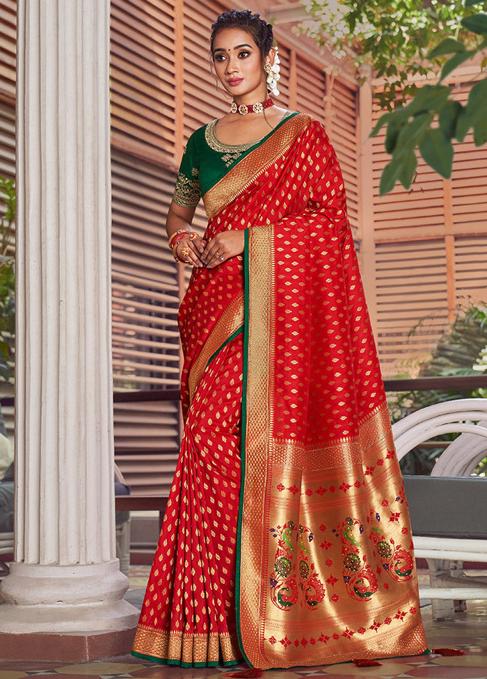 Red Spun Silk Saree With Blouse Piece - Indian Silk House Agencies