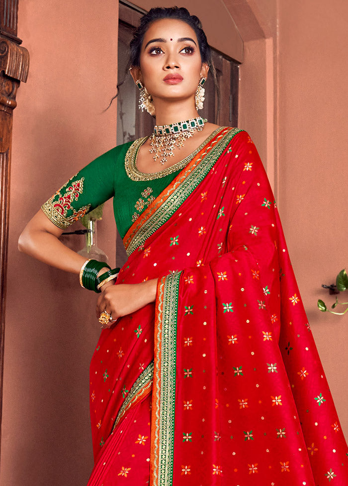 Red Spun Silk Saree With Blouse Piece - Indian Silk House Agencies