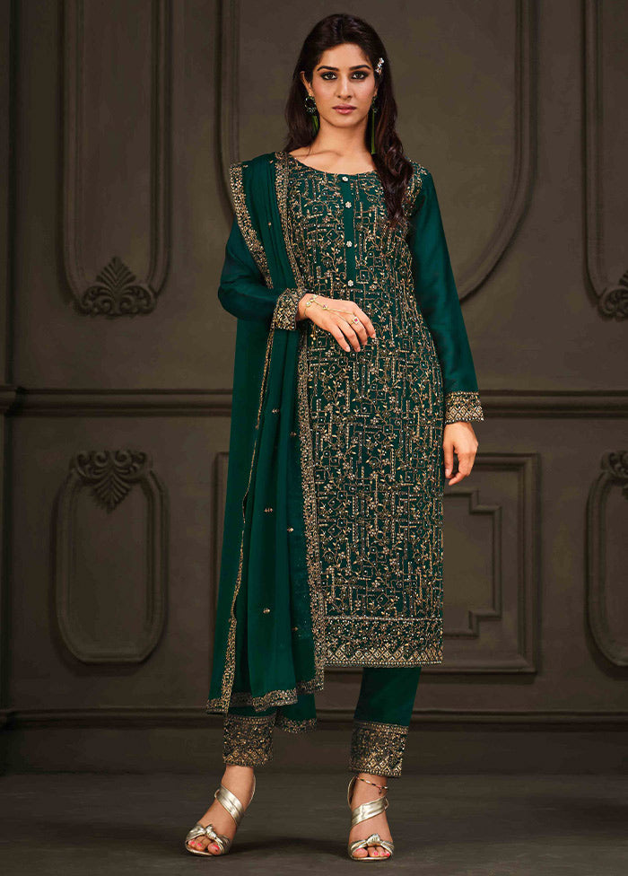 3 Pc Green Semi Stitched Georgette Suit Set VDSOT26062029 - Indian Silk House Agencies