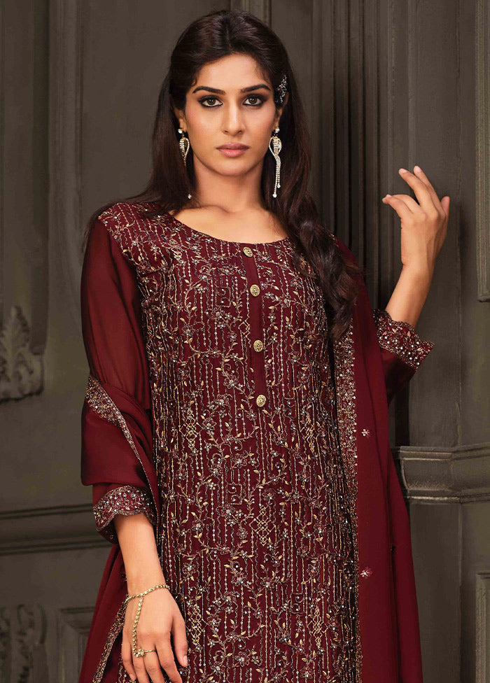 3 Pc Maroon Semi Stitched Georgette Suit Set VDSOT26062031 - Indian Silk House Agencies