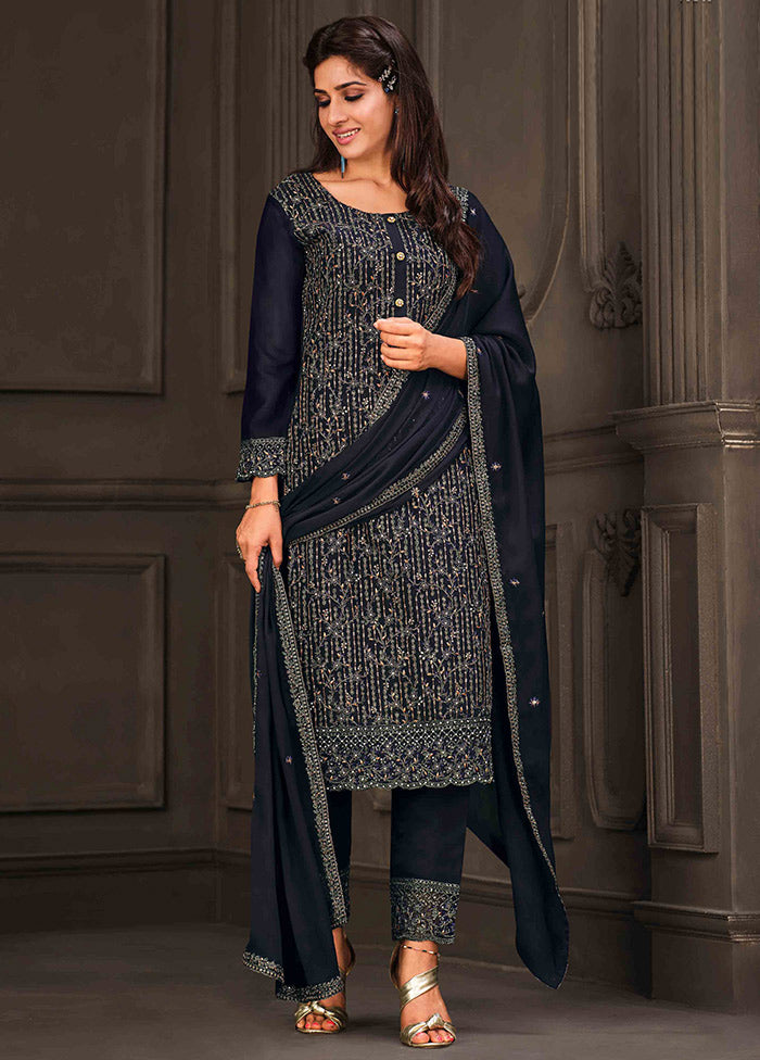 3 Pc Blue Semi Stitched Georgette Suit Set VDSOT26062032 - Indian Silk House Agencies