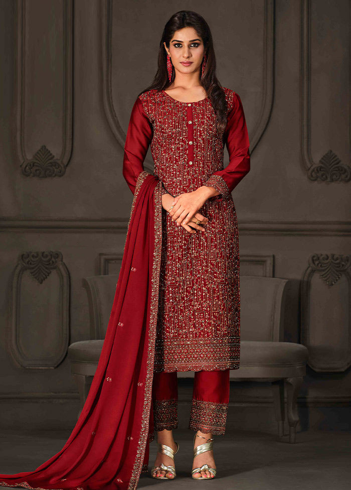 3 Pc Red Semi Stitched Georgette Suit Set VDSOT26062033 - Indian Silk House Agencies