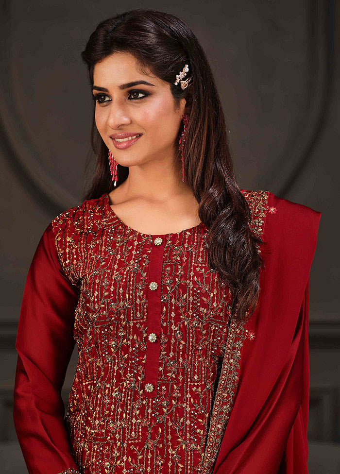3 Pc Red Semi Stitched Georgette Suit Set VDSOT26062033 - Indian Silk House Agencies