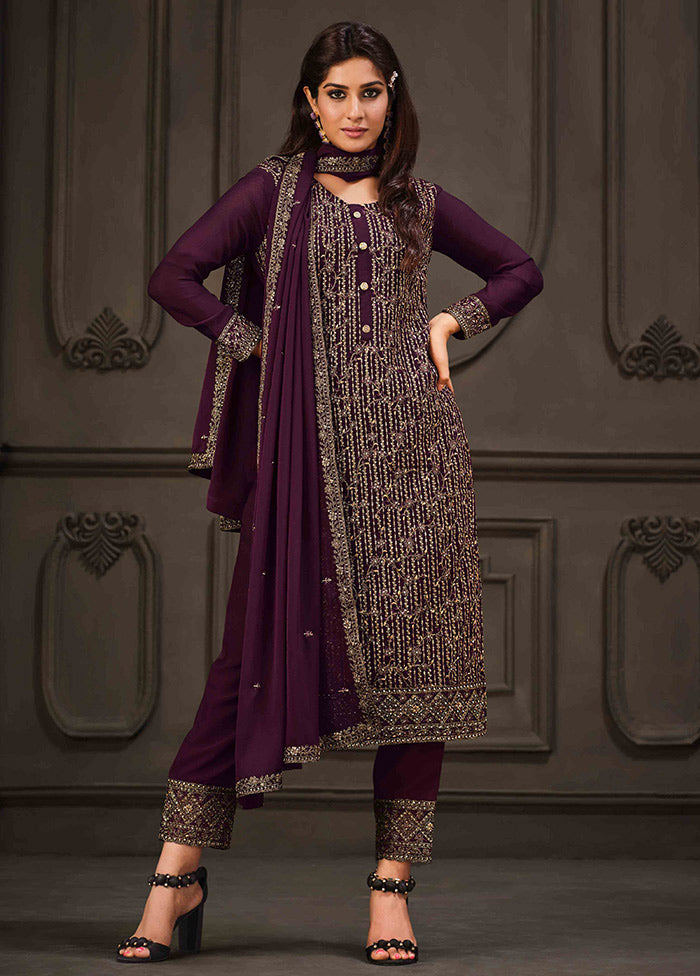 3 Pc Purple Semi Stitched Georgette Suit Set VDSOT26062034 - Indian Silk House Agencies