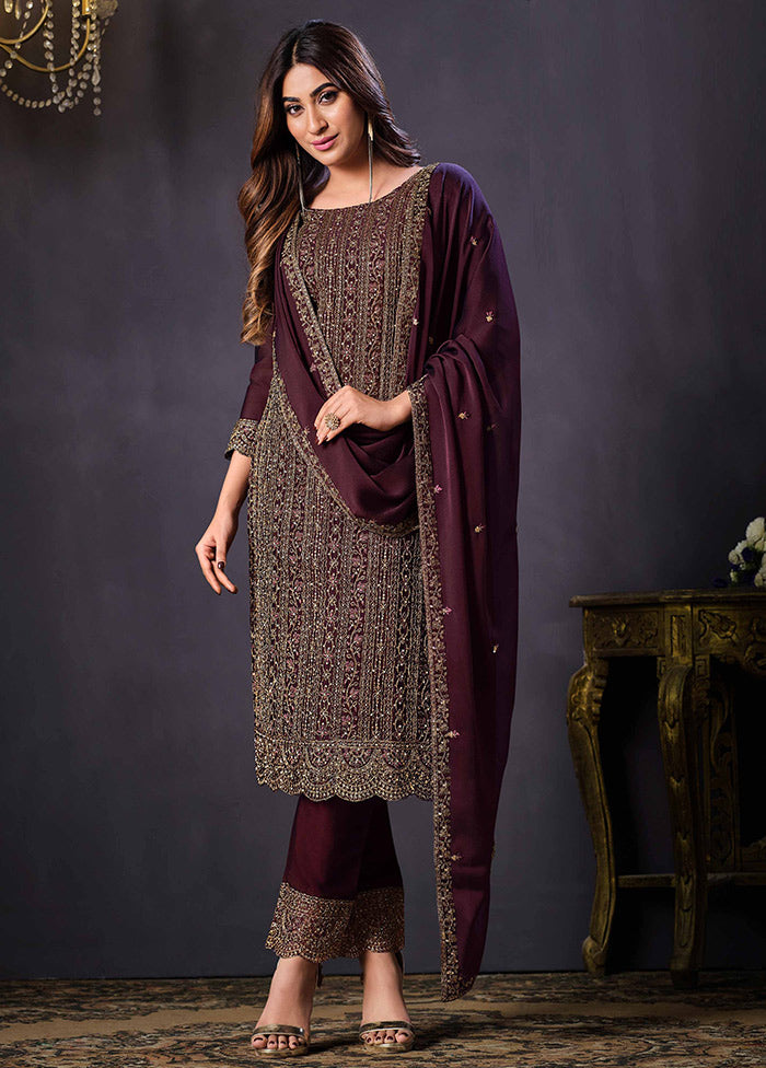 3 Pc Wine Semi Stitched Georgette Suit Set VDSOT26062024 - Indian Silk House Agencies
