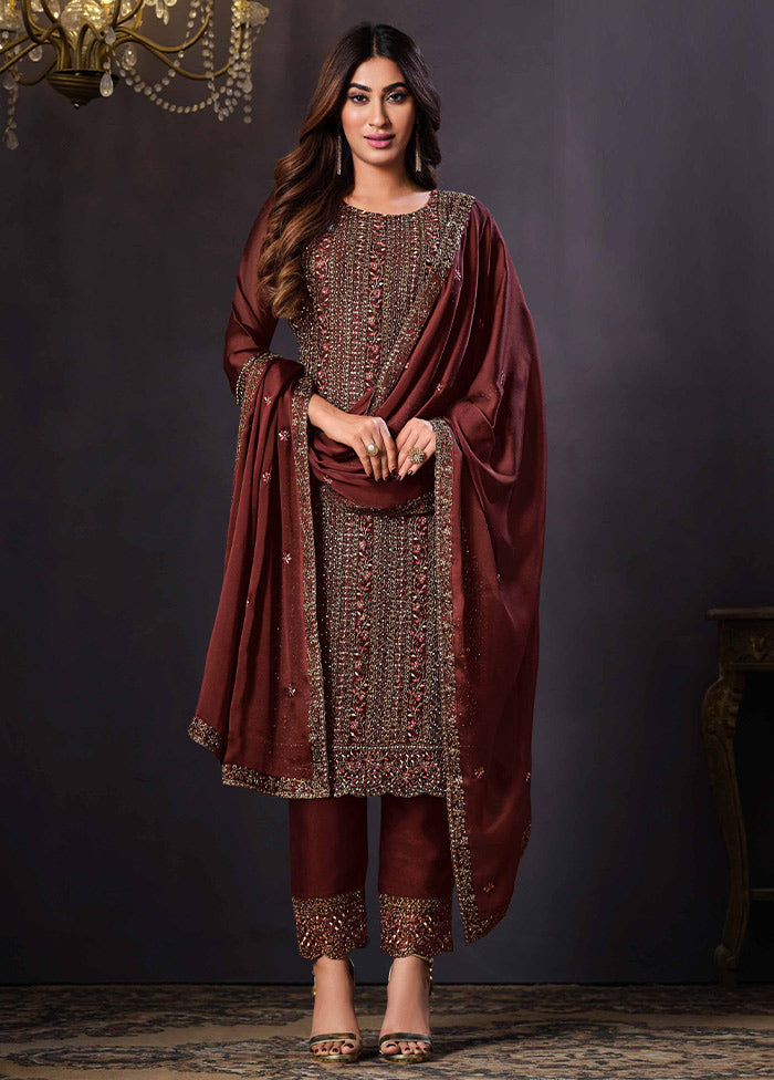 3 Pc Maroon Semi Stitched Georgette Suit Set VDSOT26062028 - Indian Silk House Agencies