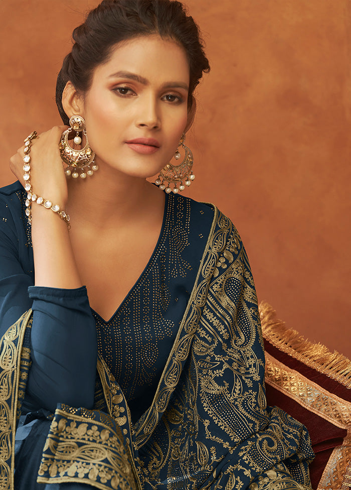 3 Pc Blue Unstitched Pure Georgette Suit Set VDSOT14082025 - Indian Silk House Agencies