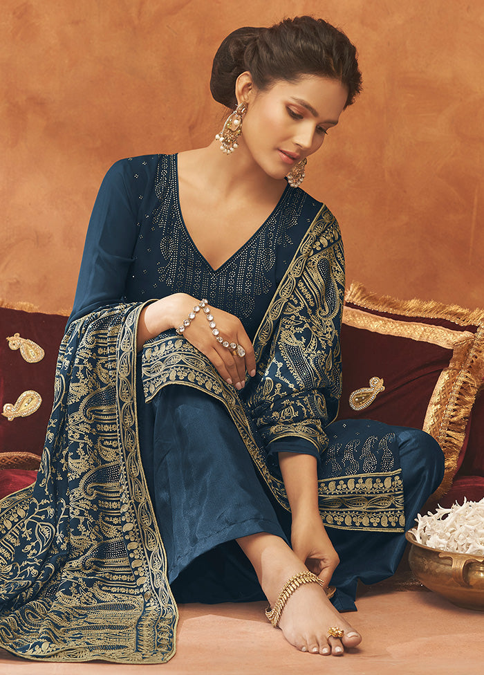 3 Pc Blue Unstitched Pure Georgette Suit Set VDSOT14082025 - Indian Silk House Agencies
