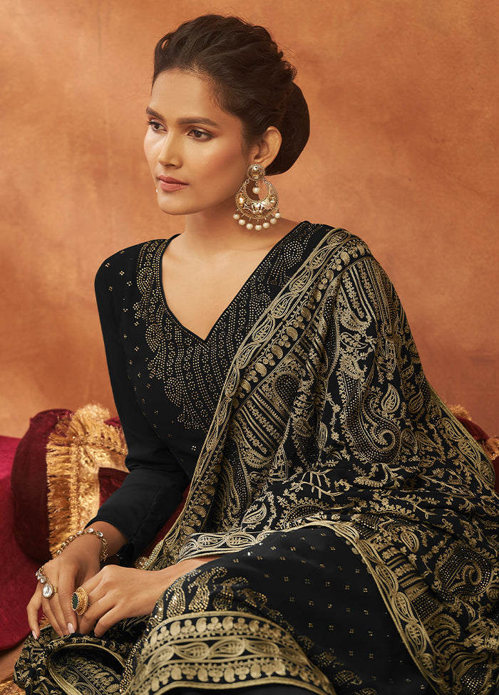 3 Pc Black Unstitched Pure Georgette Suit Set VDSOT14082027 - Indian Silk House Agencies