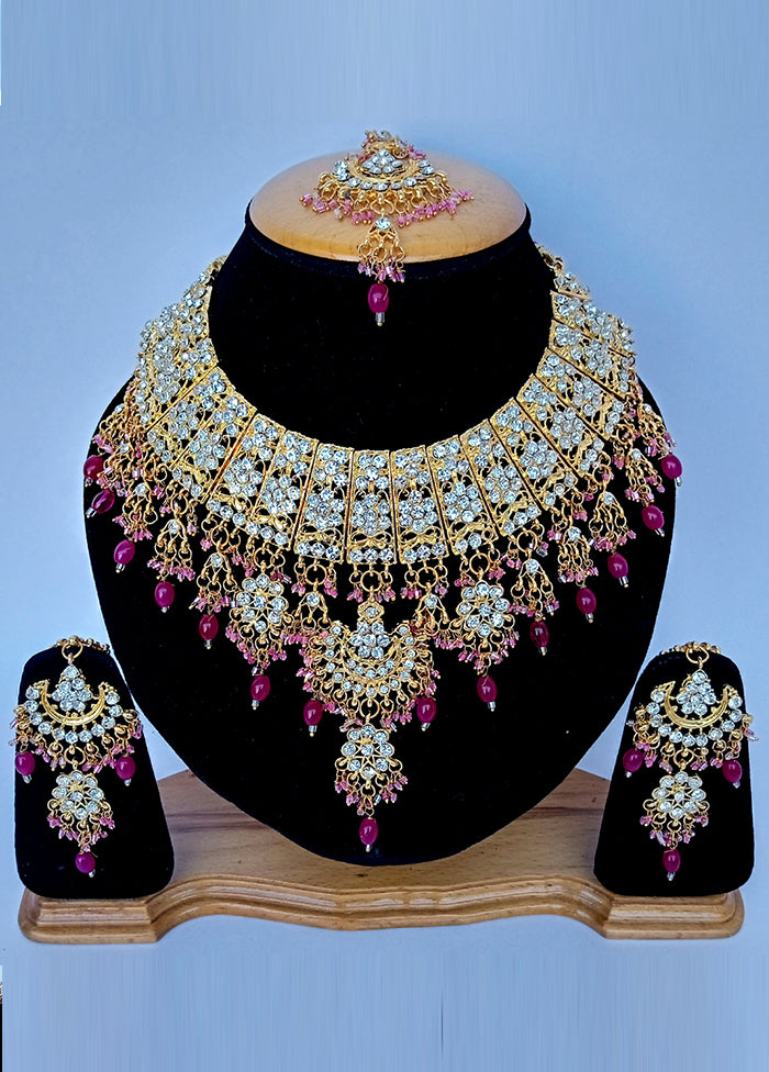 Pink Alloy Cz Stone Jewellery Set