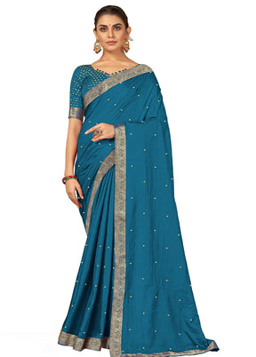 Blue Spun Silk Embellished Saree With Blouse Piece - Indian Silk House Agencies