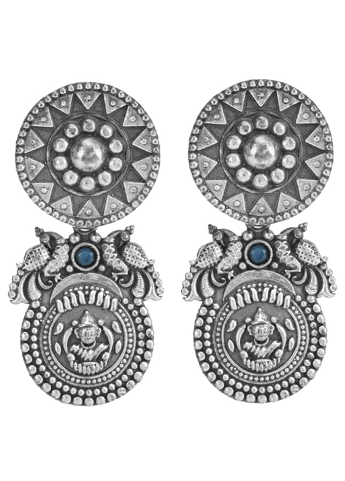Round Shape Peacock Design Silver Tone Brass Earrings - Indian Silk House Agencies