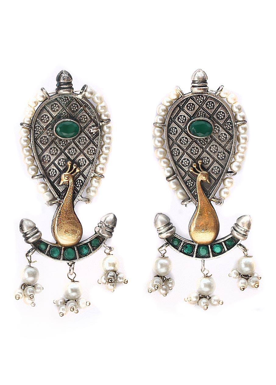 Dual Tone Handcrafted Brass Peacock Earrings - Indian Silk House Agencies