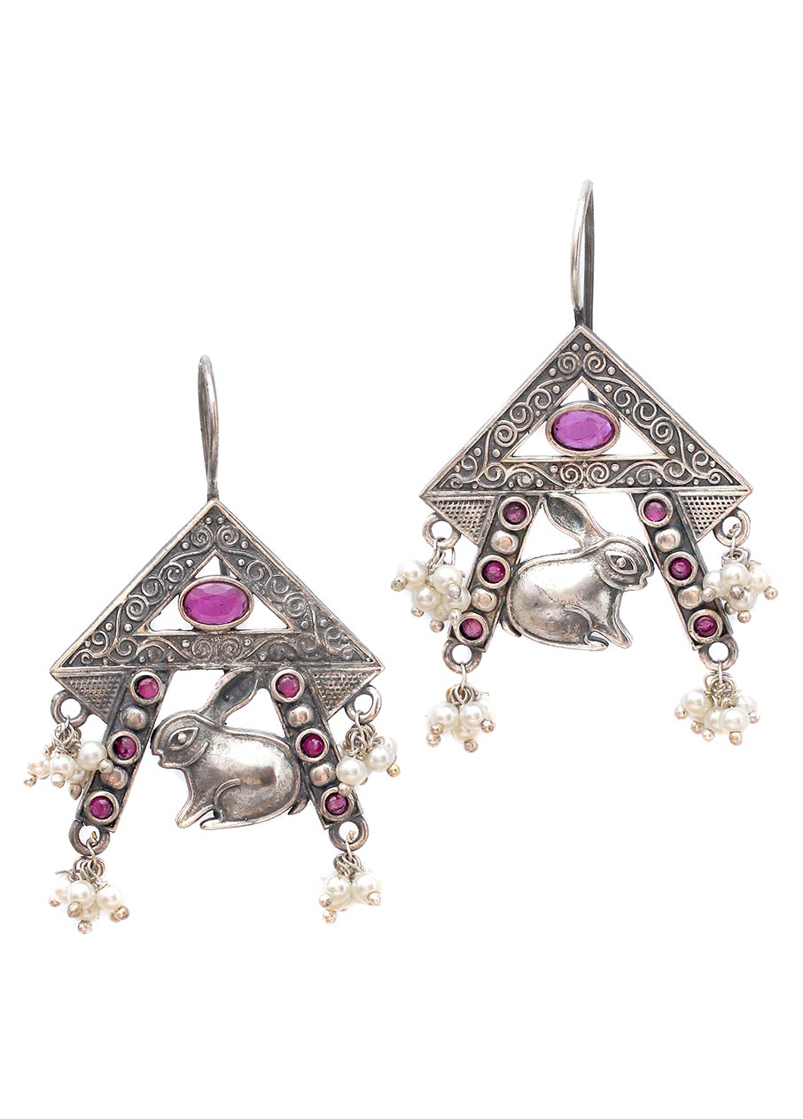 Handcrafted Brass Earrings In Silver Tone - Indian Silk House Agencies