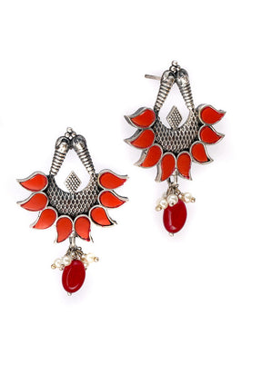 Orange And Red Silver Tone Brass Earrings - Indian Silk House Agencies