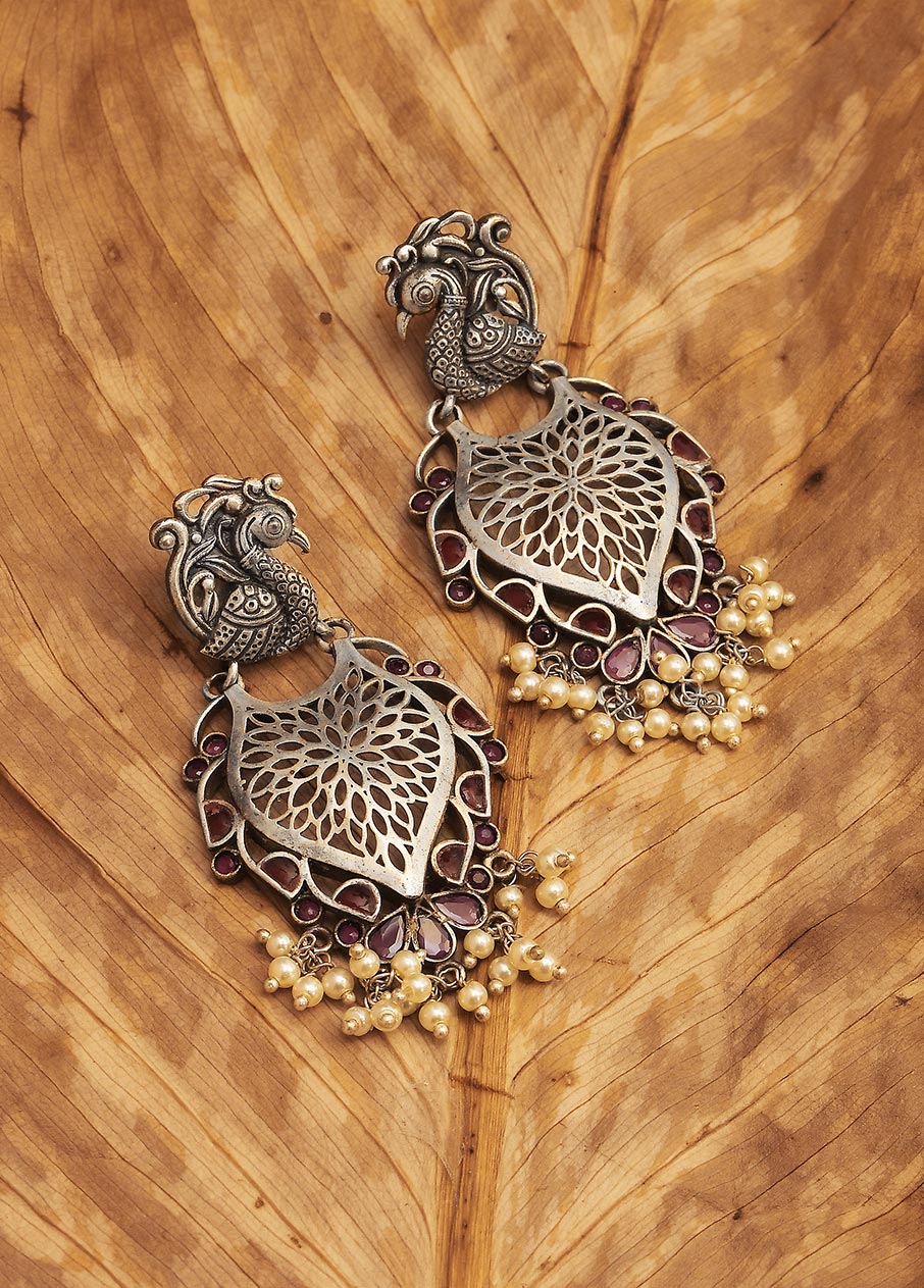 Handcrafted Brass Earrings In Silver Tone - Indian Silk House Agencies
